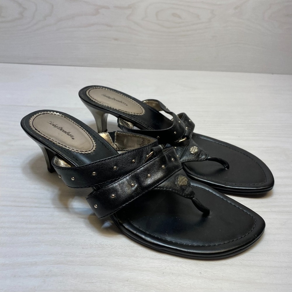 Harley-Davidson Heeled Sandals Women Size 7M Black Leather Upper Studded Slip On
